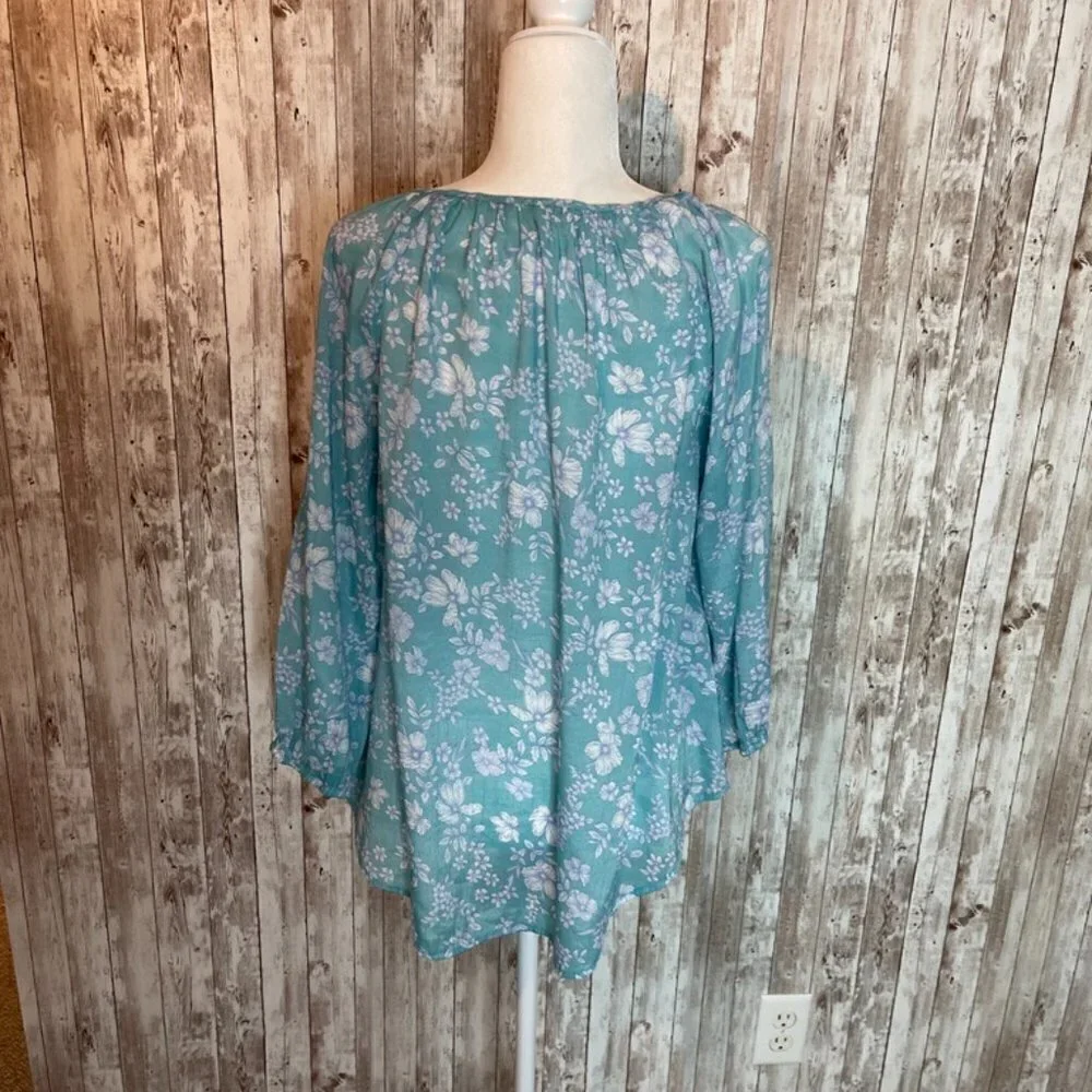 Como Blue Aqua & White Boho Blouse size Medium